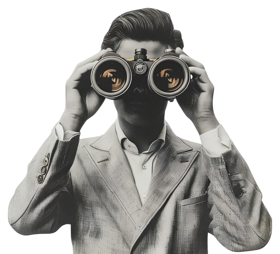 A figure looking through binoculars, symbolising the filters that shape how leaders see decisions